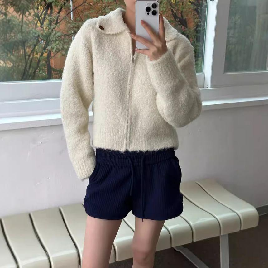 Collared Plain Fluffy Zip Up Crop Cardigan Product Image