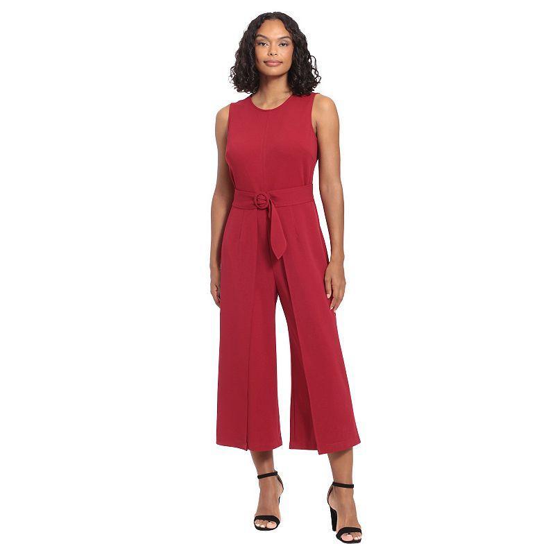 London Times Womens Jewel Neck Belted Cropped Jumpsuit Product Image