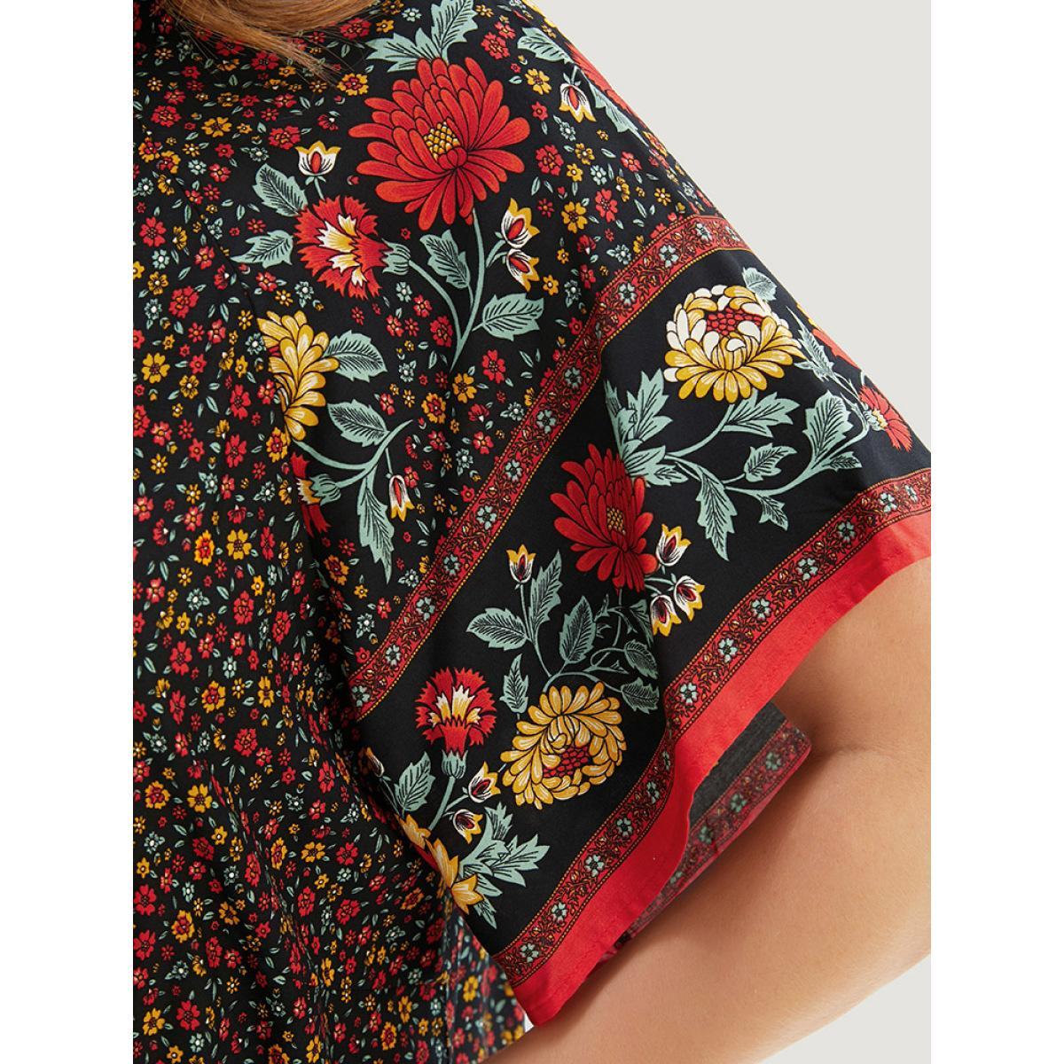 Plus Size Black Ditsy Floral Tie Neck Ruffles Raglan Sleeve Blouse Women Vacation Short sleeve V-neck Dailywear Blouses BloomChic 14-16/1X Product Image