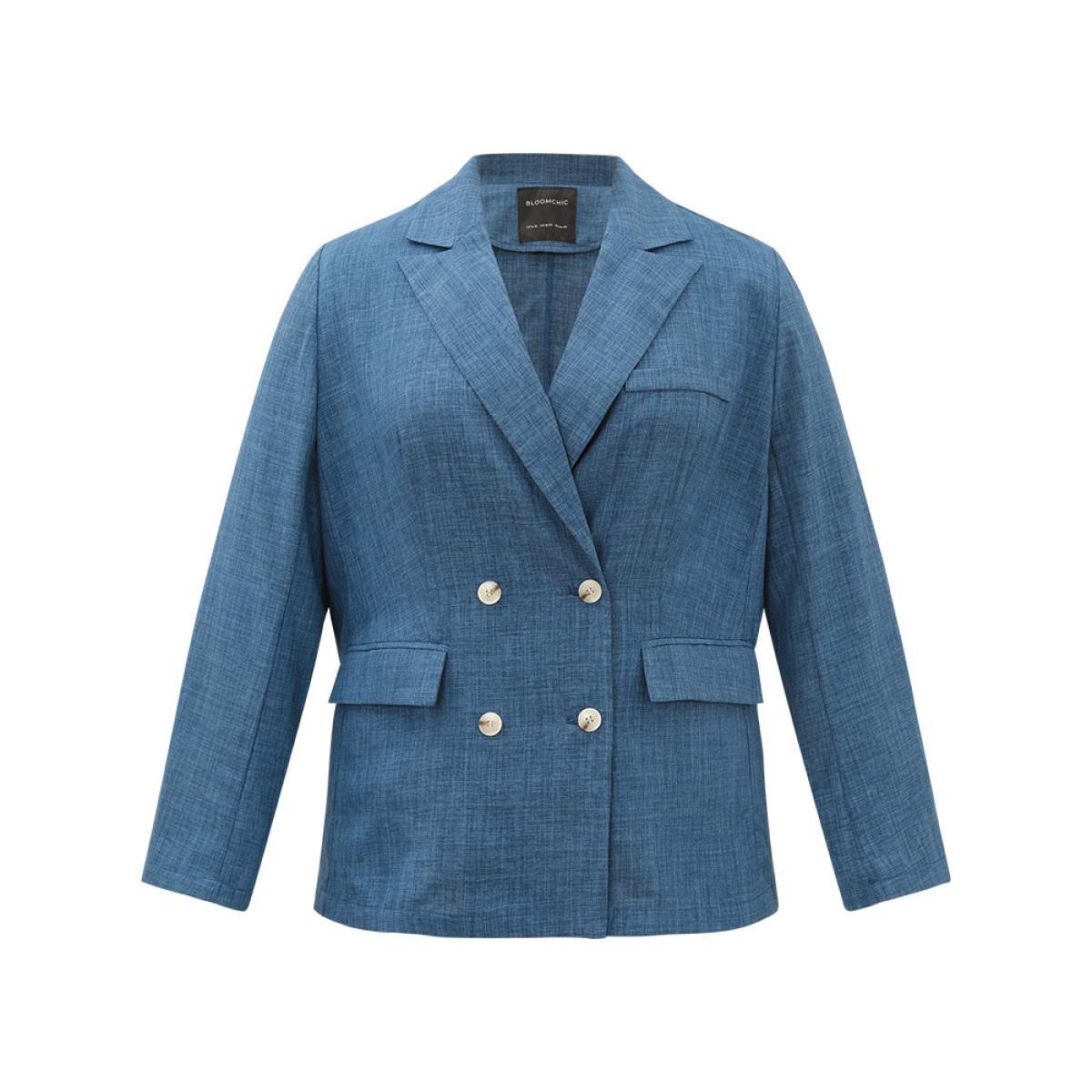 Plus Size Solid Double Breasted Suit Collar Flap Pocket Blazer Indigo Women Office Plain Texture Sleeve Long Sleeve Suit Collar 10/M Pocket At the Office Blazers BloomChic Product Image