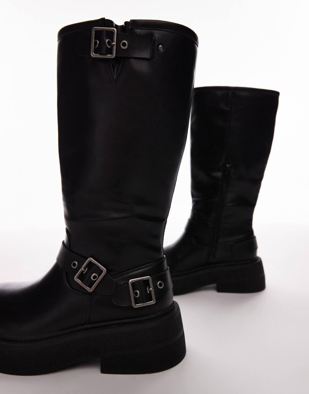 Topshop Wide Fit Roy chunky biker boots with hardware in black Product Image