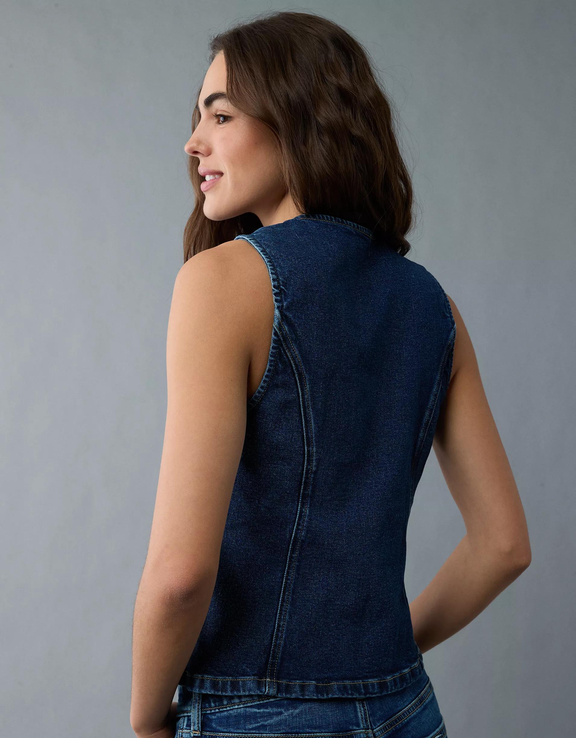 AE Crew Neck Button-Up Denim Vest Product Image