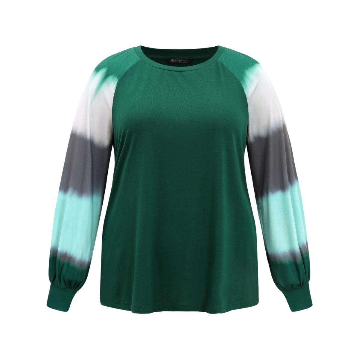 Plus Size Tie Dye Contrast Round Neck Raglan Sleeve T-shirt DarkGreen Women Casual Contrast Tie Dye Round Neck Dailywear T-shirts BloomChic 18-20/2X Product Image