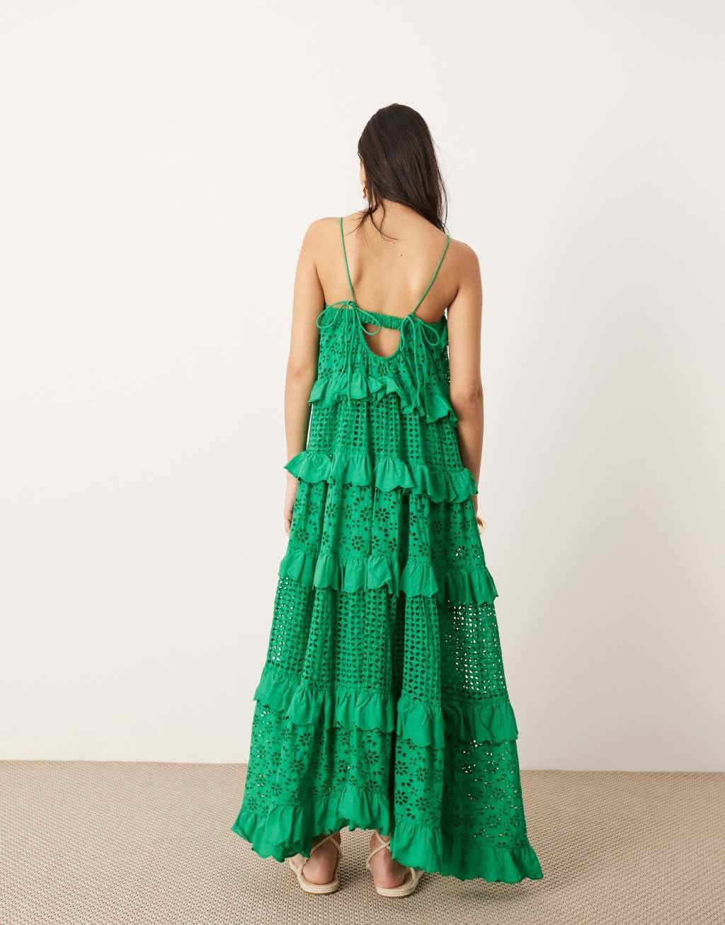 ASOS EDITION strappy eyelet trapeze tiered maxi dress in mid green Product Image