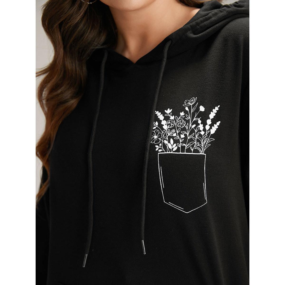 Plus Size Floral Print Pocket Hooded Drawstring Sweatshirt Women Black Casual Elastic cuffs Dailywear Sweatshirts BloomChic 14-16/1X Product Image