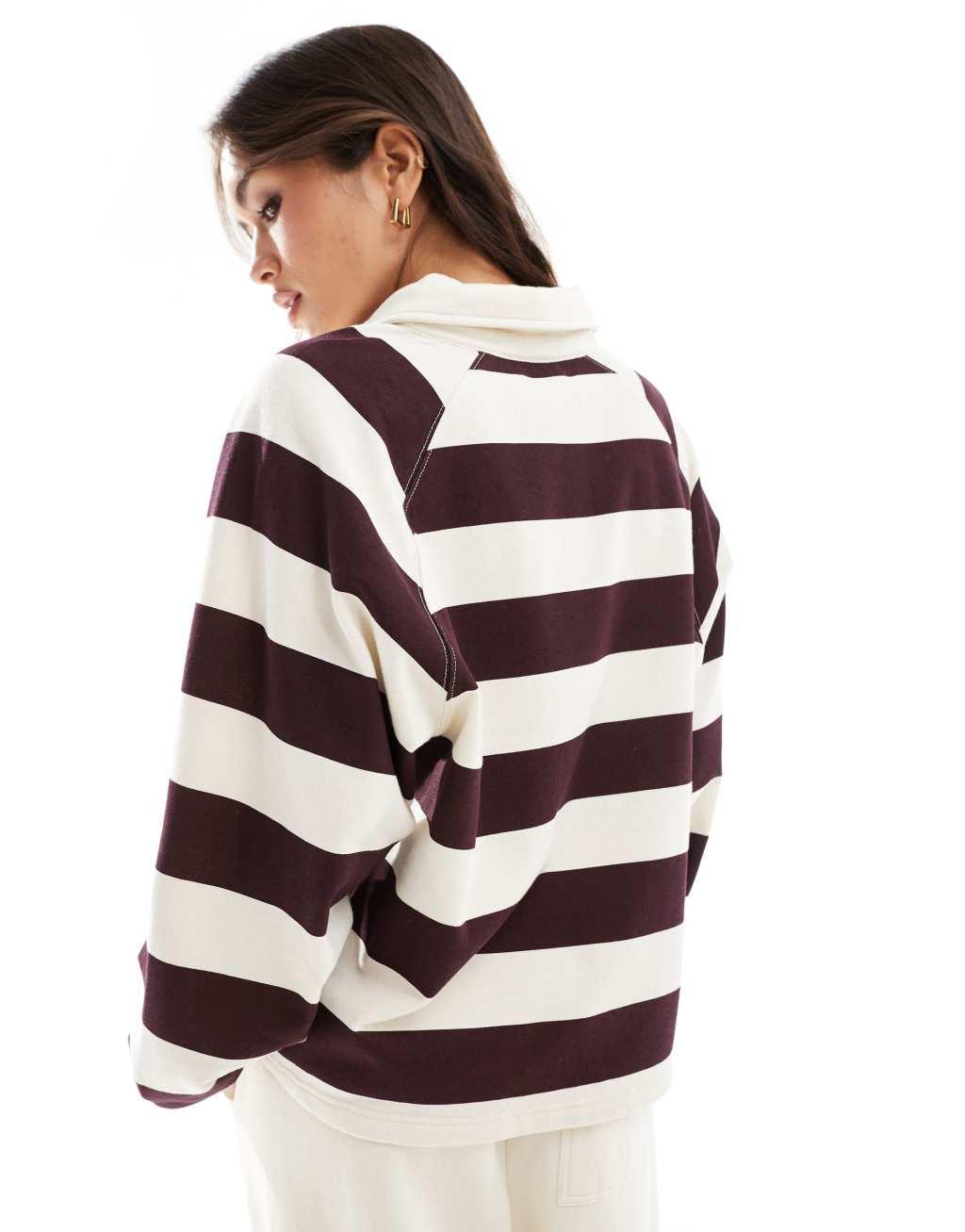 Cotton On button down lounge pullover sweatshirt in burgundy stripe Product Image