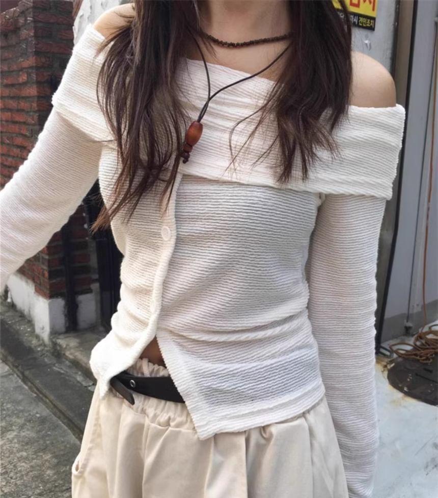 Long-Sleeve Off-Shoulder Plain Buttoned Slim Fit Crop Top Product Image