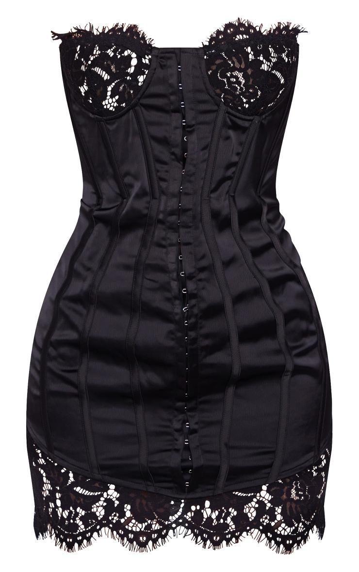 Black Lace Trim Satin Hook & Eye Detail Bandeau Bodycon Dress Product Image