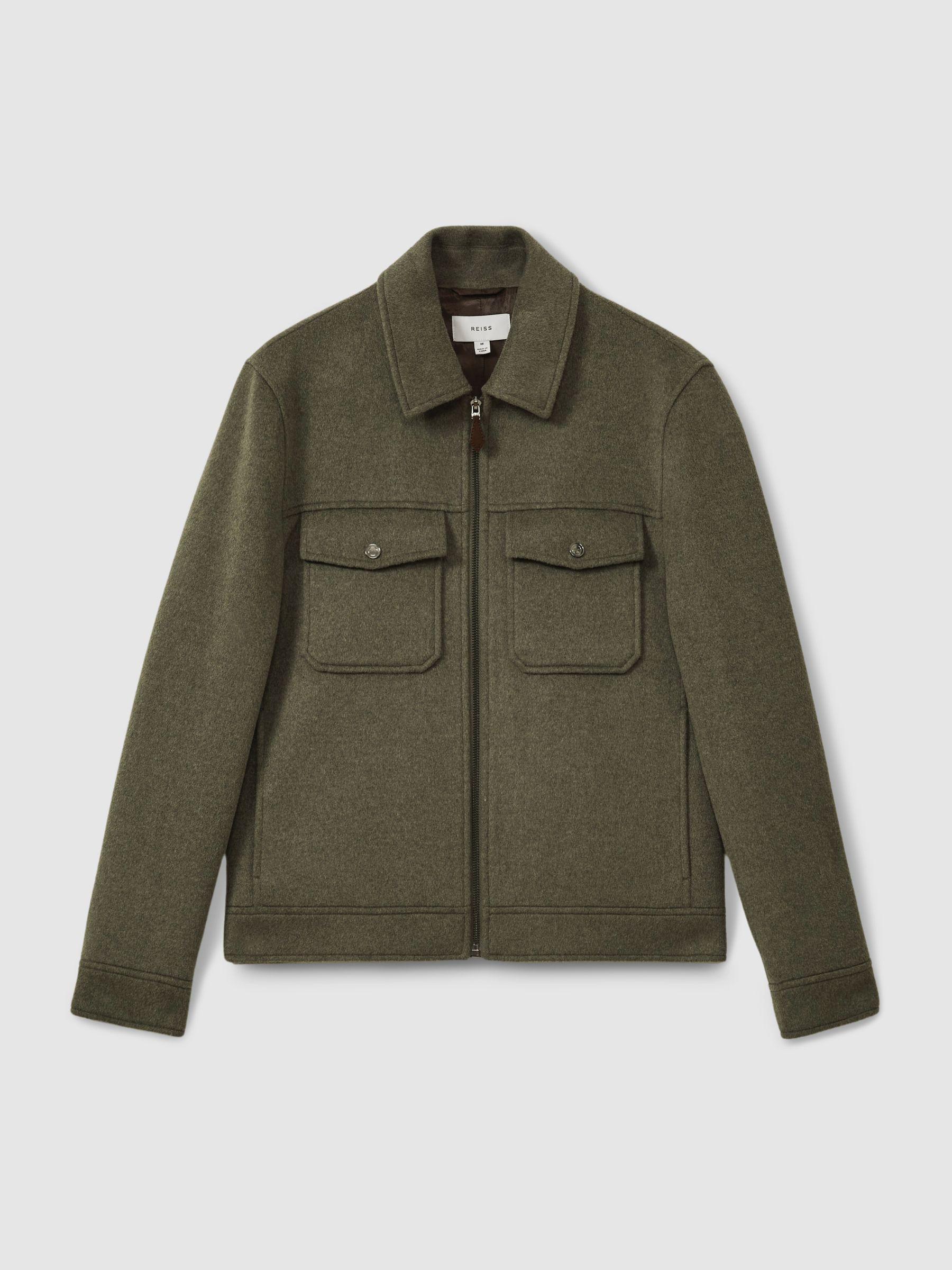 Zip-Through Trucker Jacket with Wool in Green Smoke Product Image