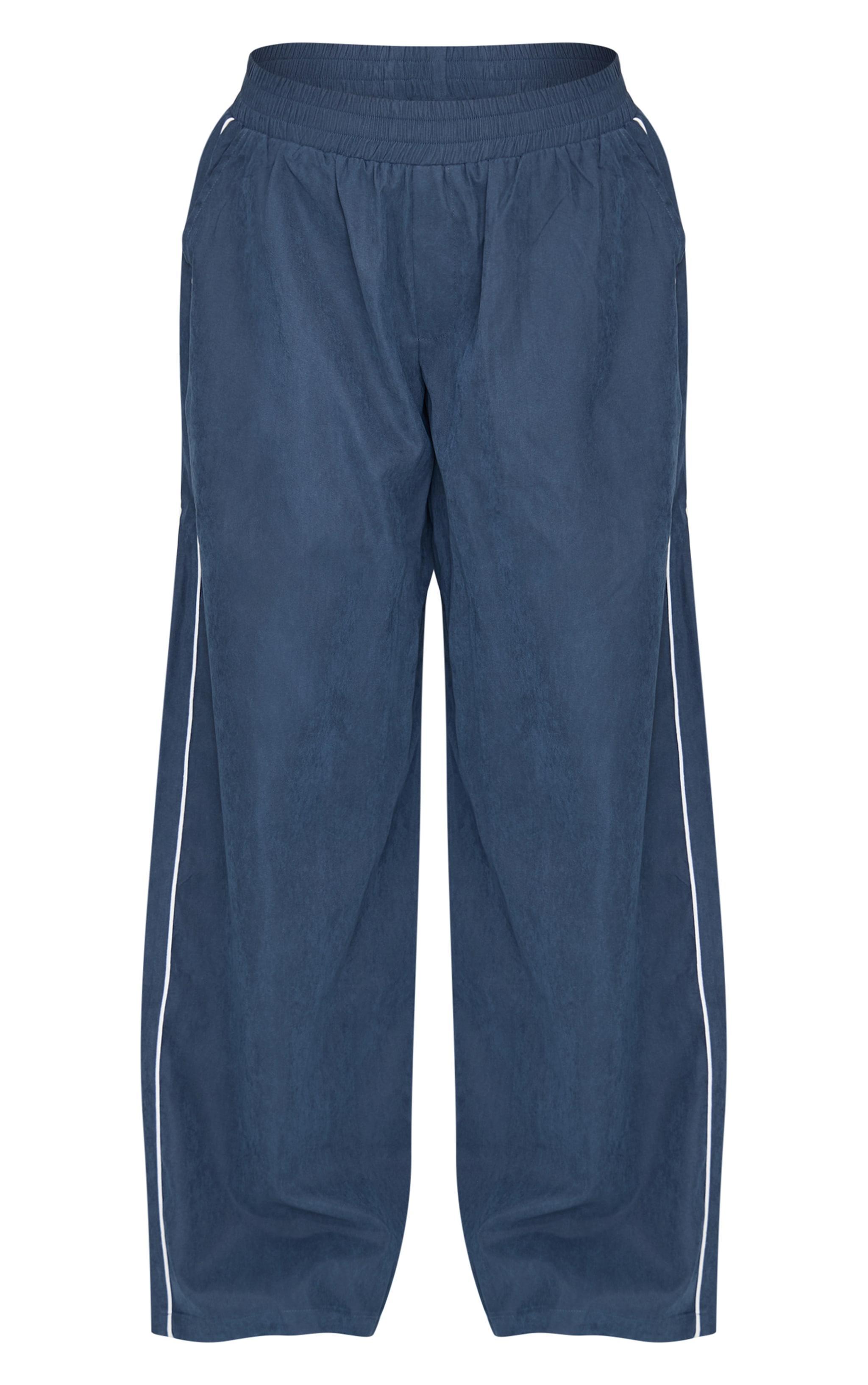 Navy Faux Suede Side Piping Detail Straight Leg Pants Product Image