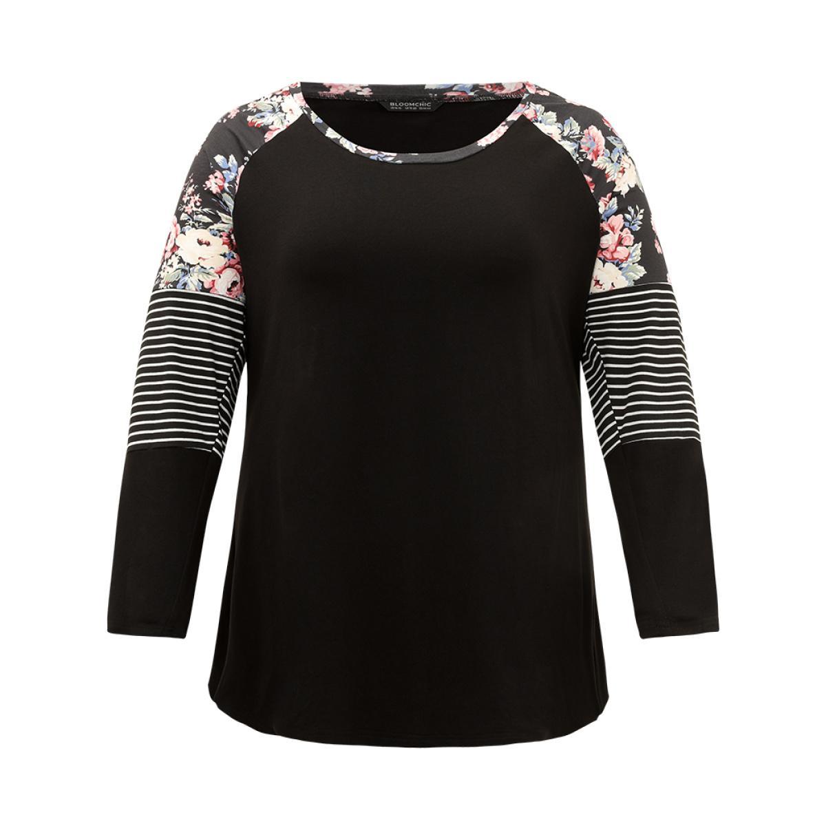 Plus Size Floral Striped Patchwork Crew Neck Raglan Sleeve T-shirt Black Women Casual Contrast Striped Round Neck Dailywear T-shirts BloomChic 26/4X Product Image
