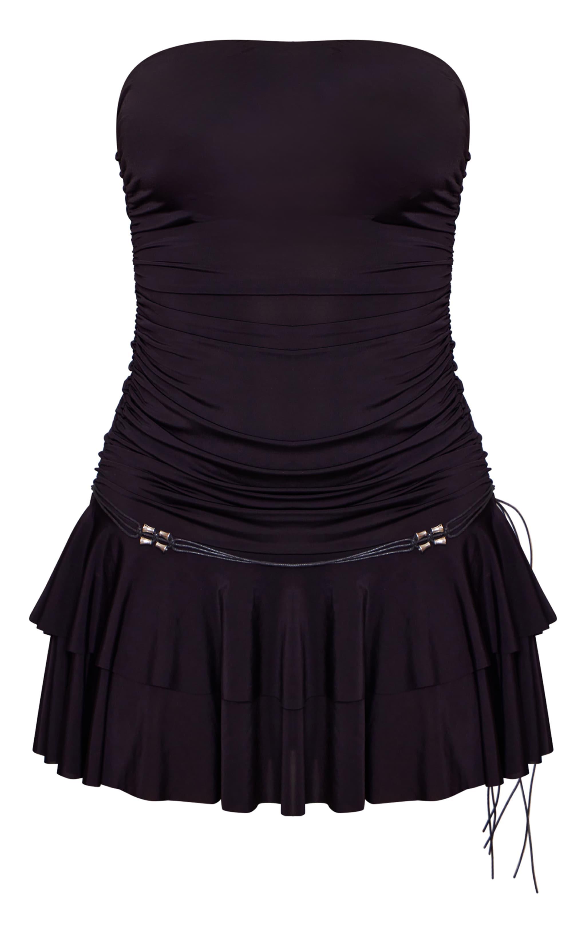 Black Slinky Waist Tie Detail Shift Dress Product Image