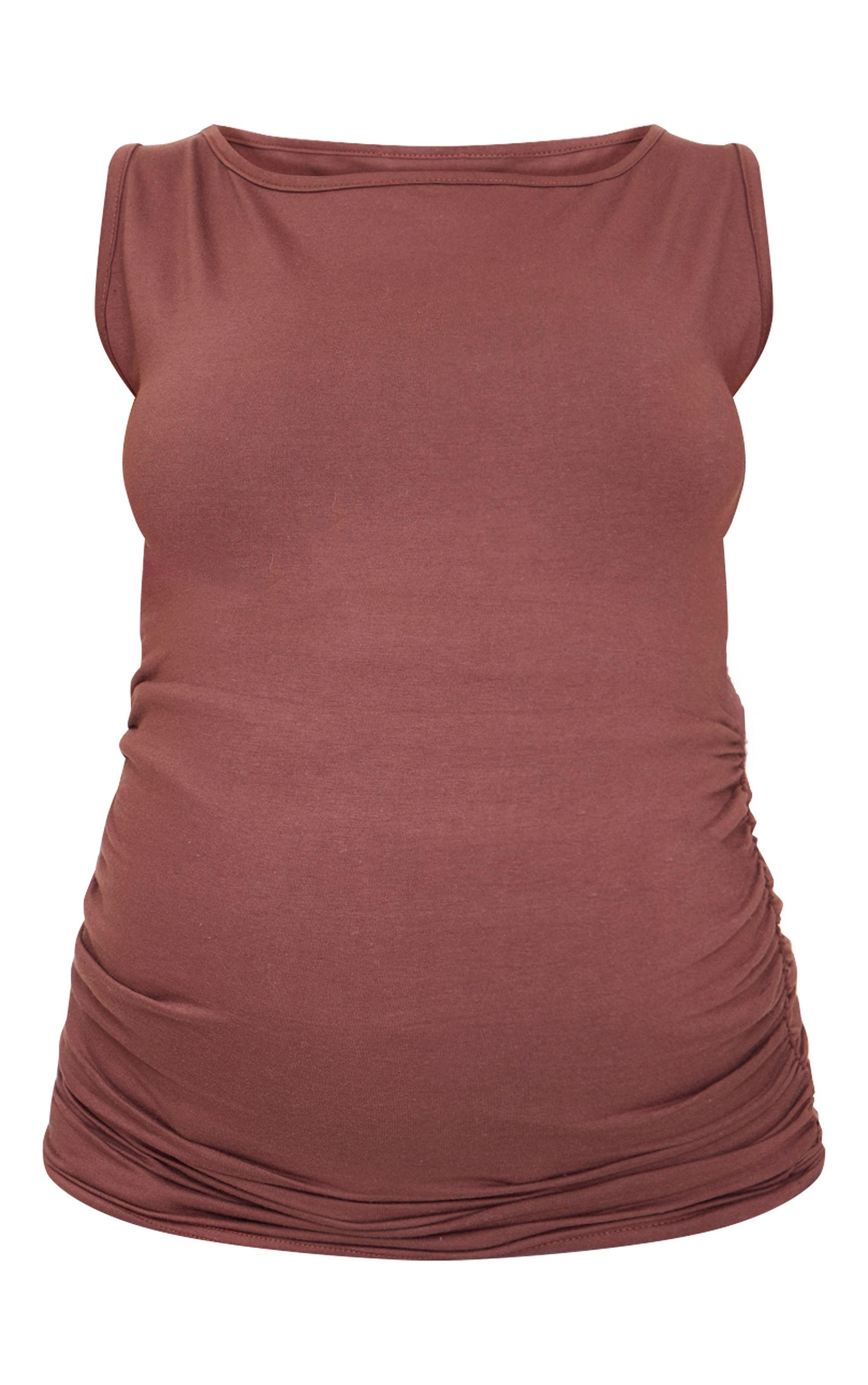 Maternity Chocolate Boat Neck Ruched Sleeveless Top Product Image