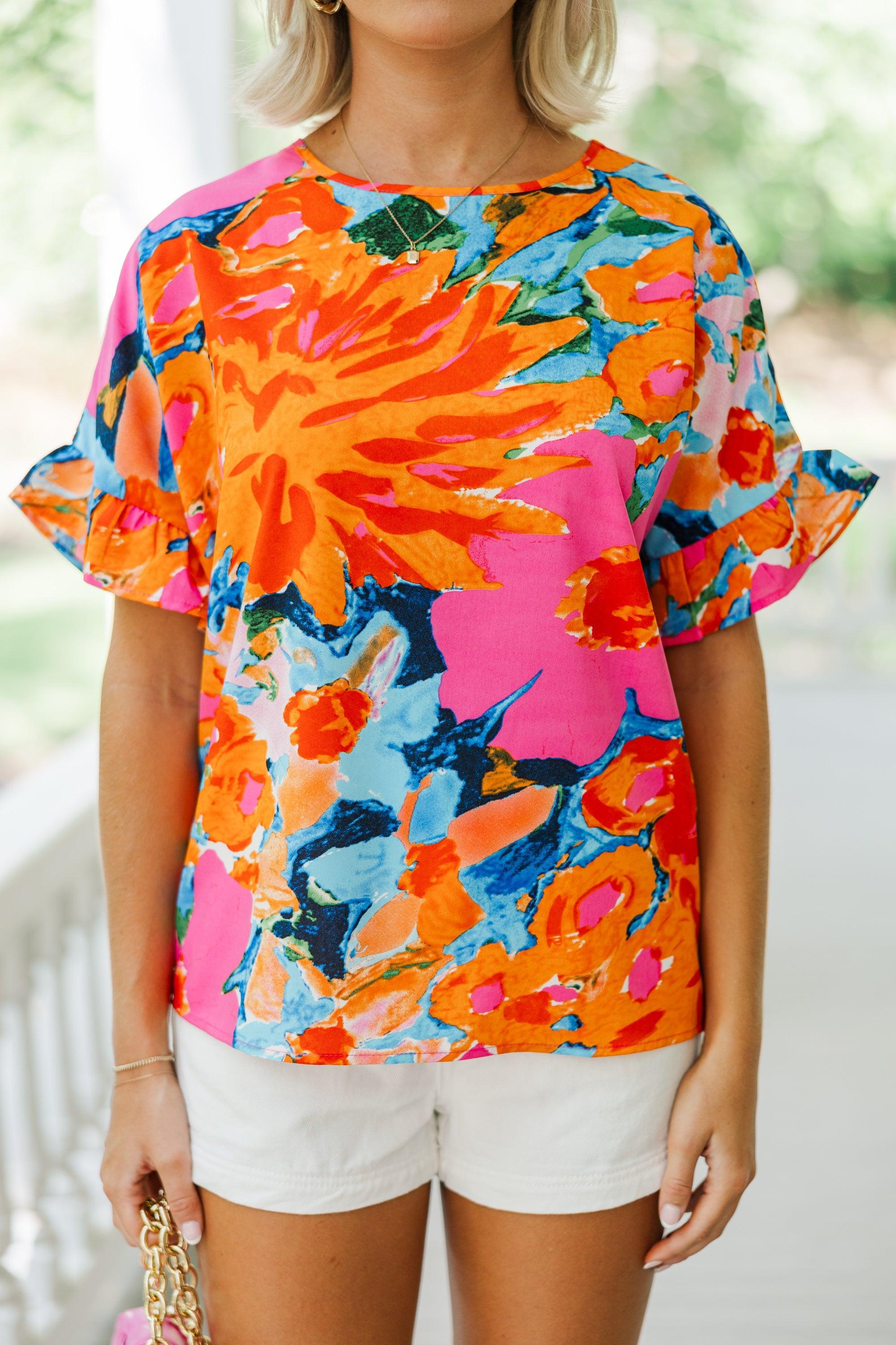 All I Ask Coral Orange Floral Ruffled Top Female Product Image