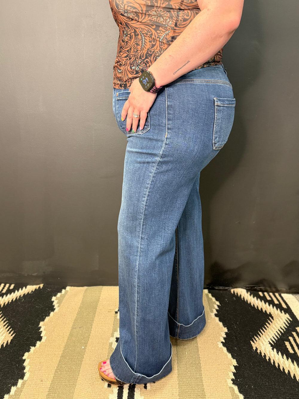 PLUS High Rise Wide Flare Patch Pocket Jeans Product Image