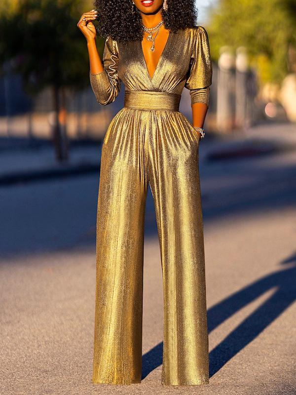 High Waisted Three-Quarter Sleeves Shiny Solid Color Deep V-Neck Jumpsuits Bottoms Product Image