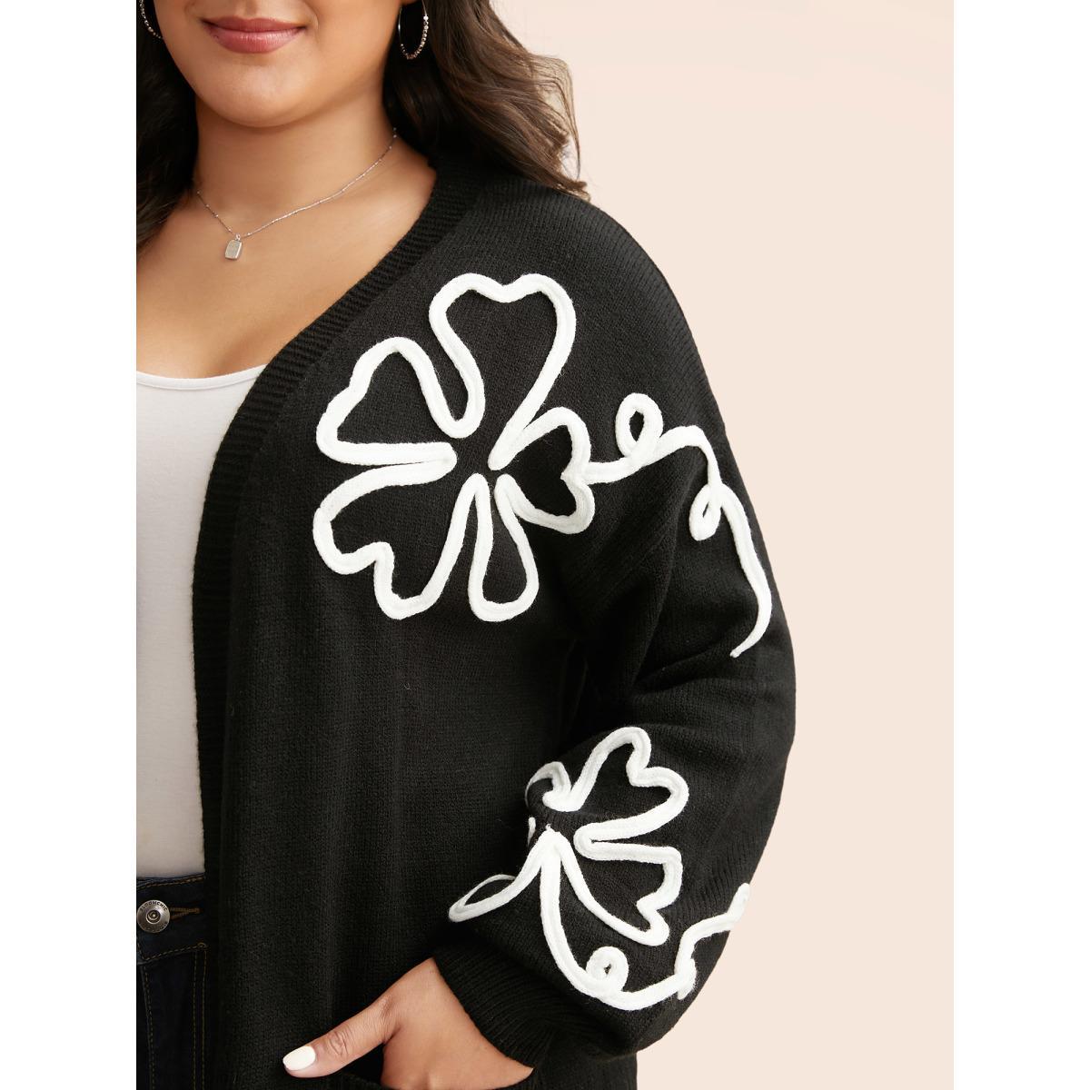 Plus Size Crochet Floral Kimono Collar Pocket Cardigan Black Women Casual Loose Long Sleeve Everyday Cardigans BloomChic 30/6X Product Image