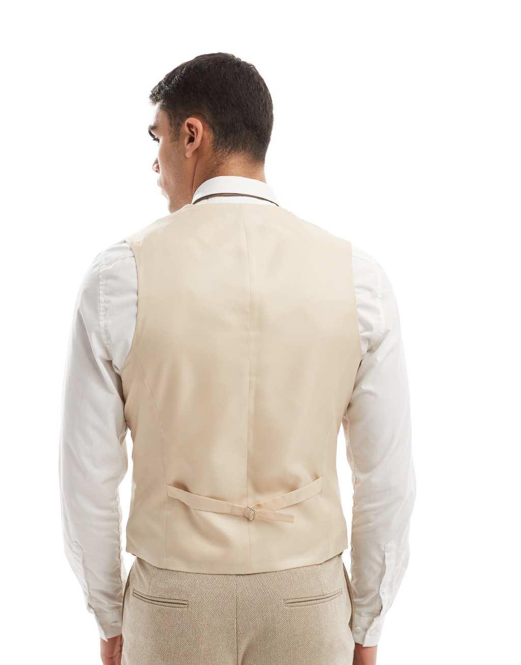 ASOS DESIGN skinny double breasted suit vest with wool in camel barley weave Product Image