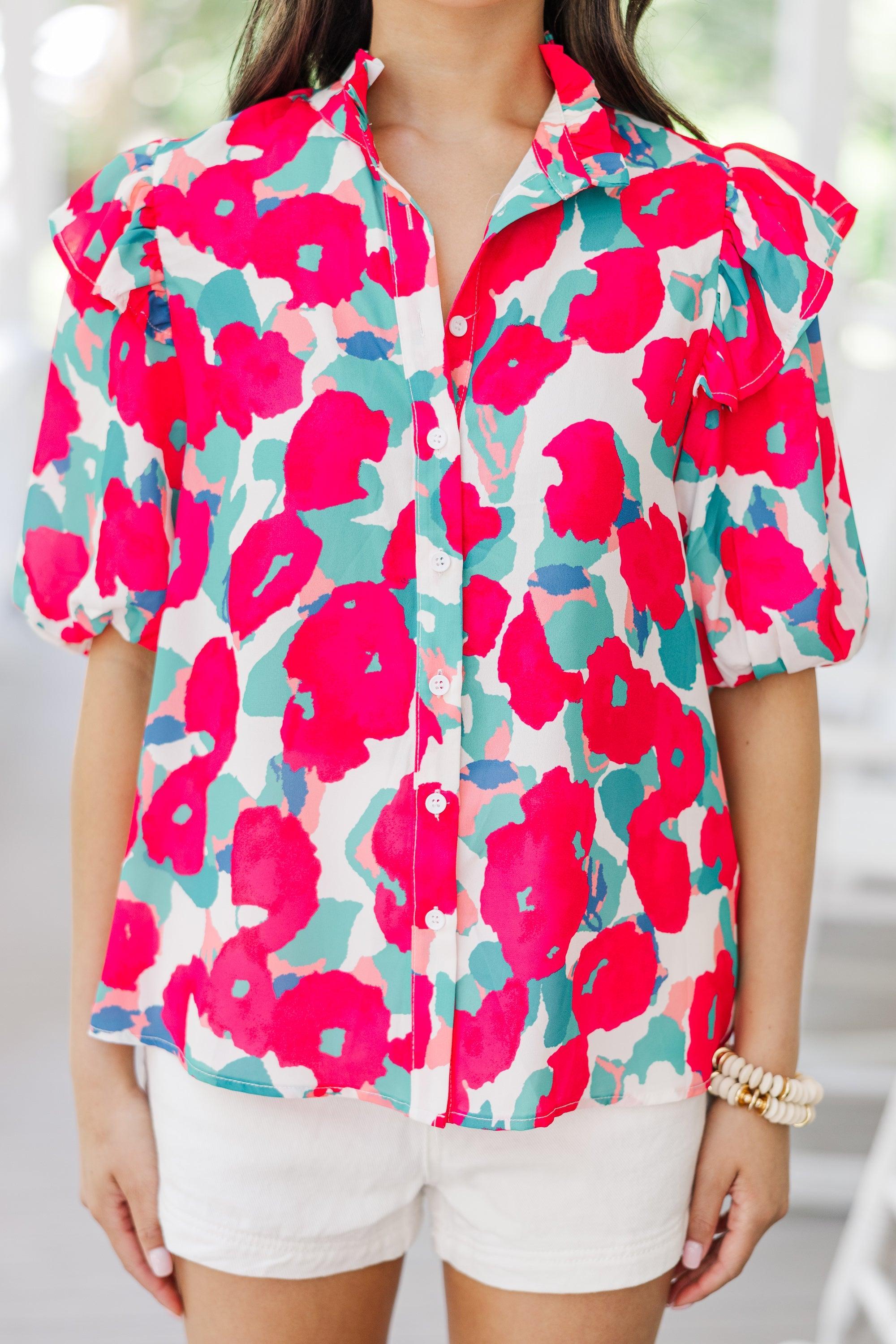 Keep Their Attention Hot Pink Floral Blouse Female Product Image