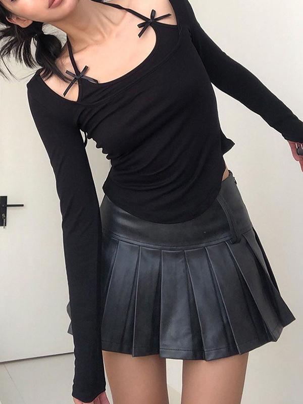 Solid Halter Bow Decor Long Sleeve Tee Product Image