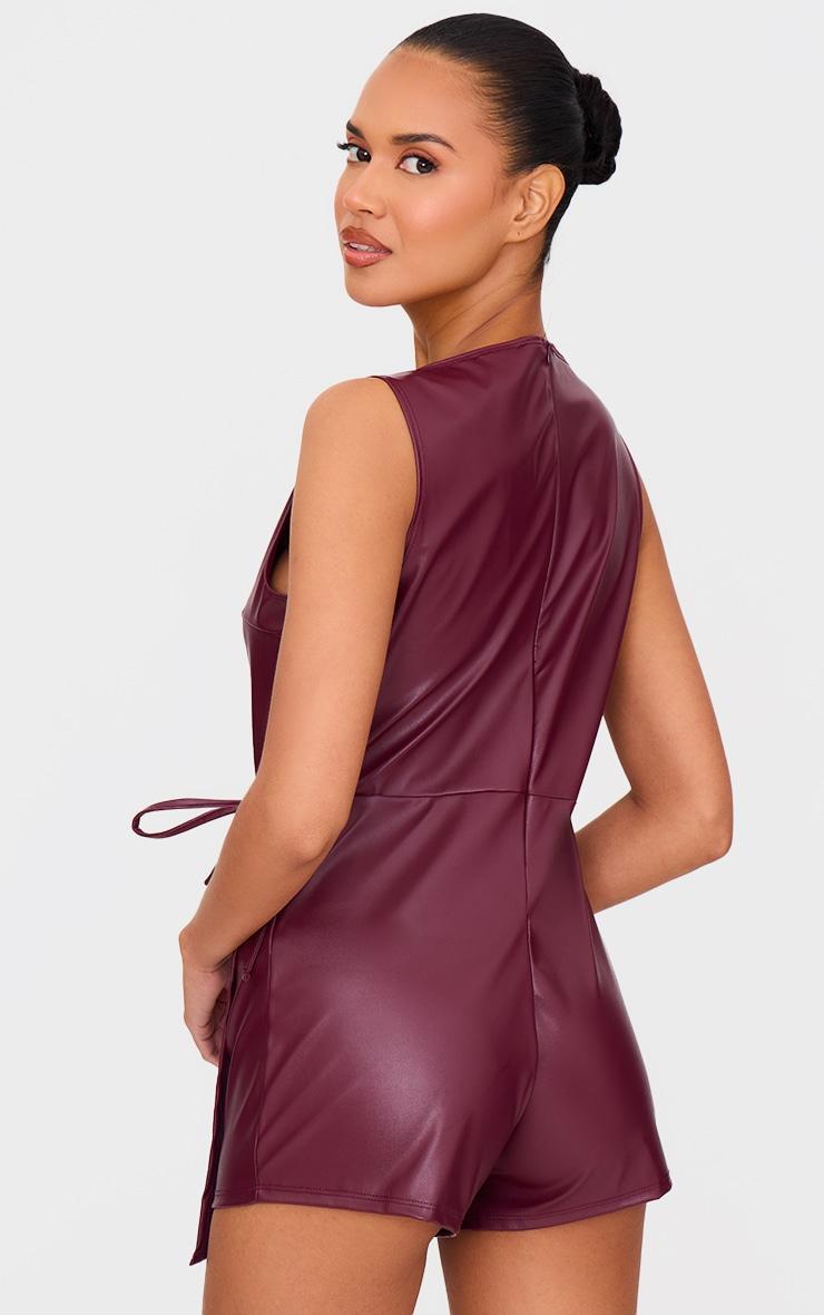  Burgundy Faux Leather Boat Neck Wrap Front Romper Product Image