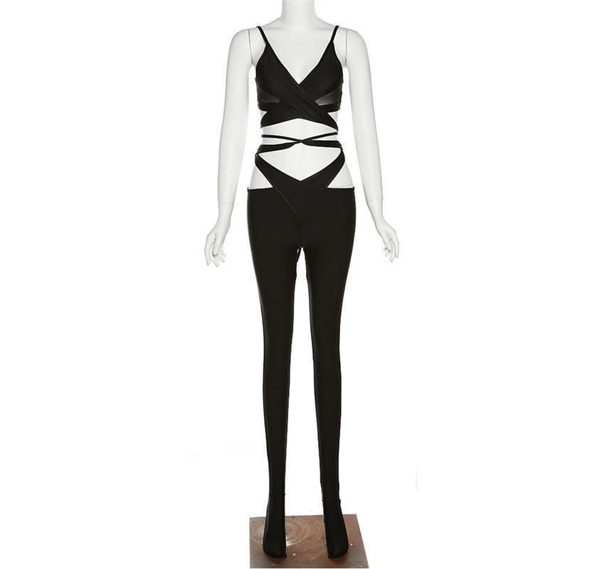 Set: Sleeveless V-Neck Plain Crop Top + High Waist Cut Out Slim Fit Pants Product Image