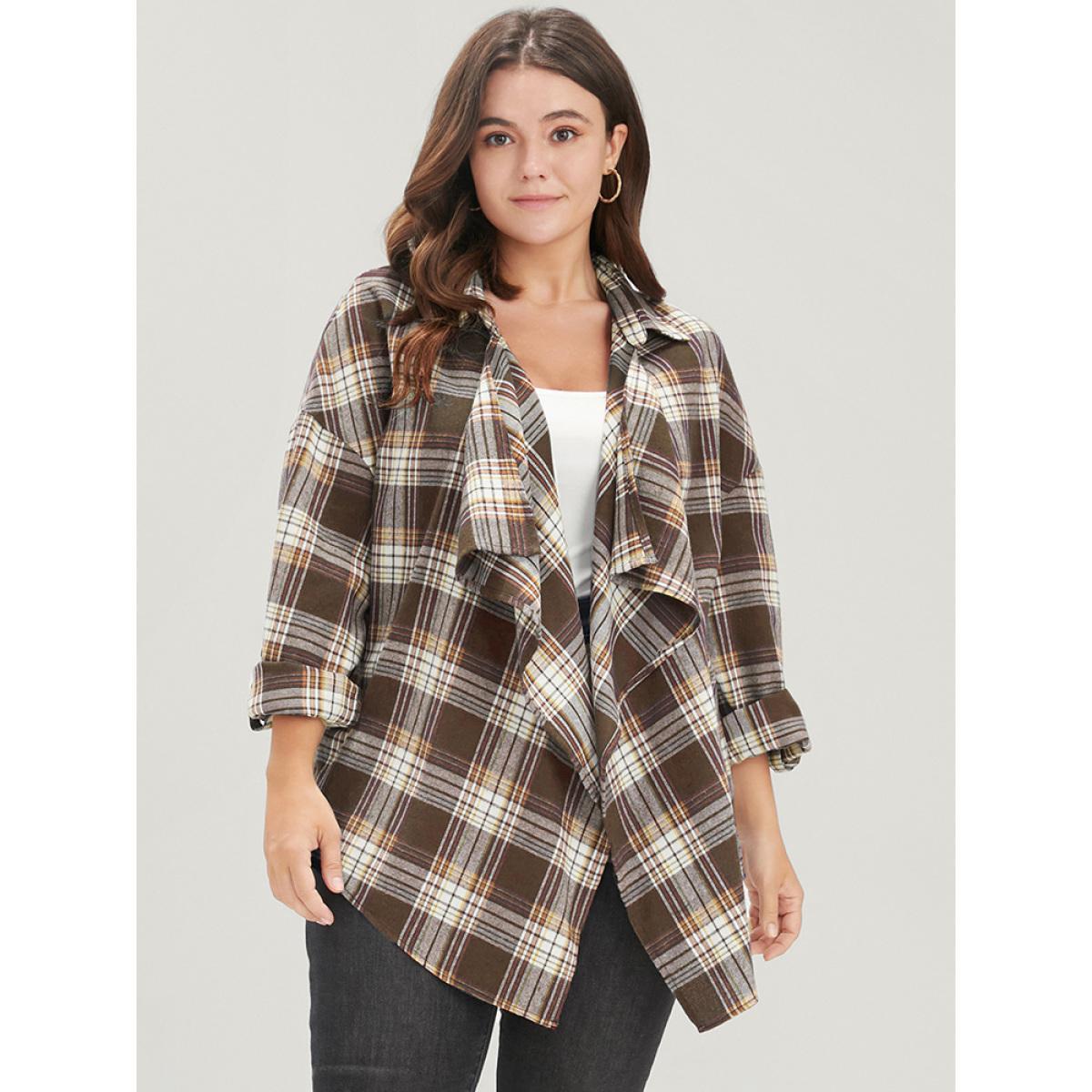 Plus Size Plaid Cuffed Sleeve Asymmetrical Waterfall Collar Coat Women DarkBrown Elegant Asymmetrical Ladies Dailywear Winter Coats BloomChic 12/L Product Image
