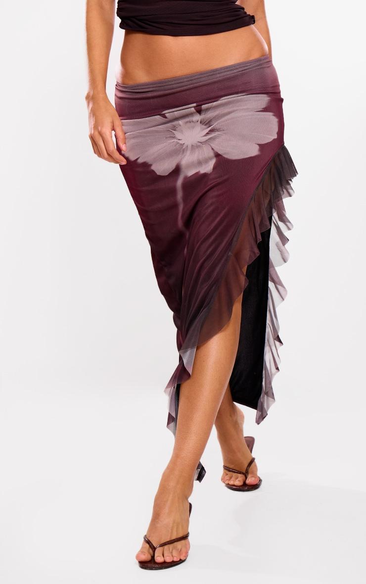 Plum Flower Ruffle Detail Mesh Skirt  Product Image