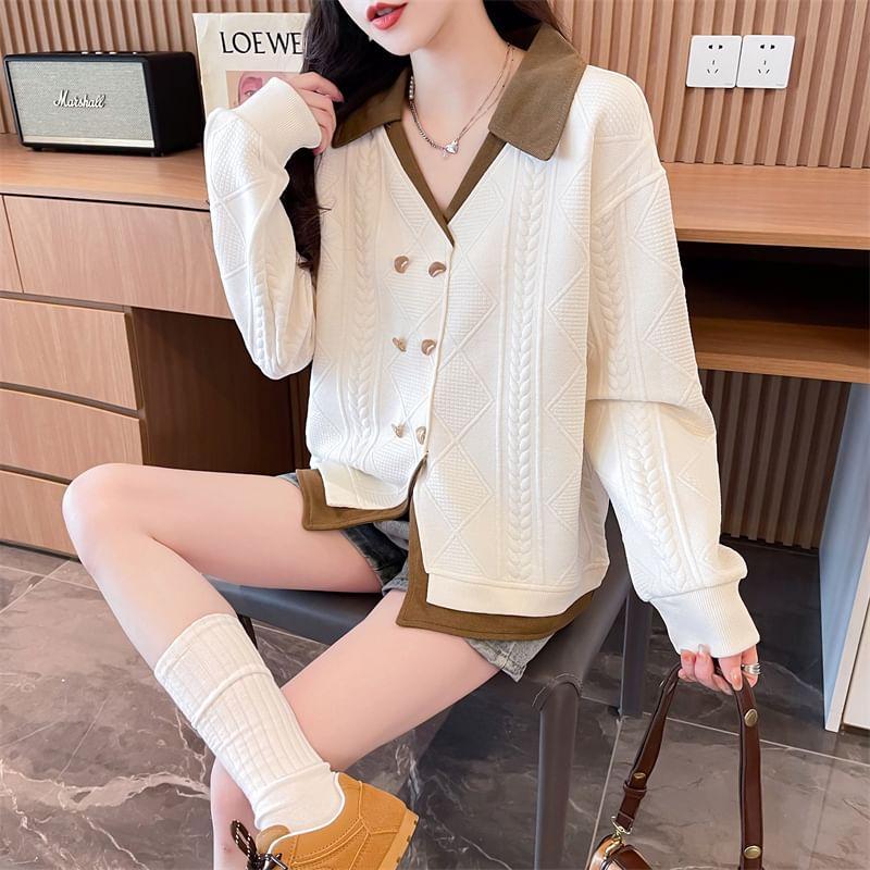 V-Neck Collared Mock Two-Piece Two Tone Jacquard Button-Up Jacket Product Image