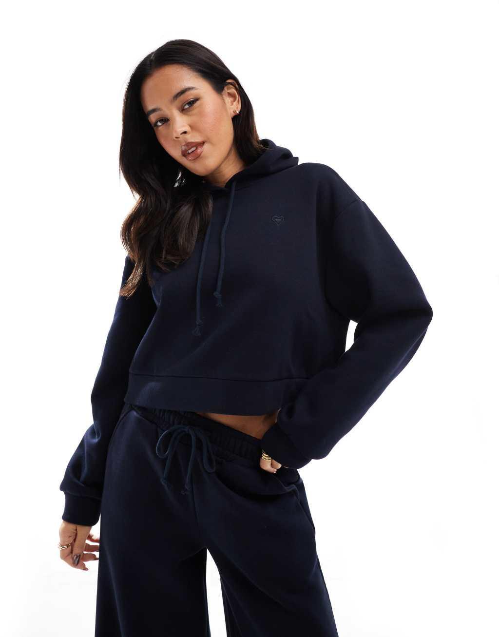 Miss Selfridge oversized heart embroidered heavy fleece lined hoodie in indigo Product Image