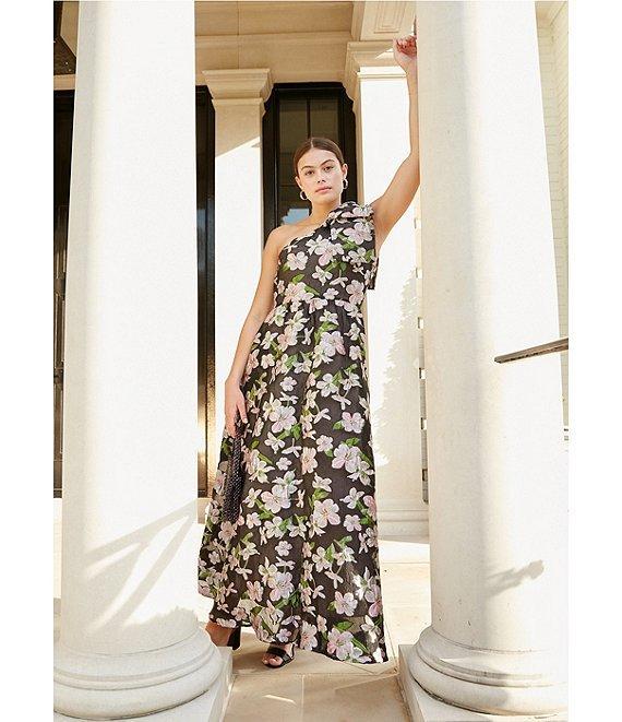 Abbey Glass Caroline Asymmetrical Neck Sleeveless Bow One Shoulder Bow Jacquard Pocketed A-Line Gown Product Image