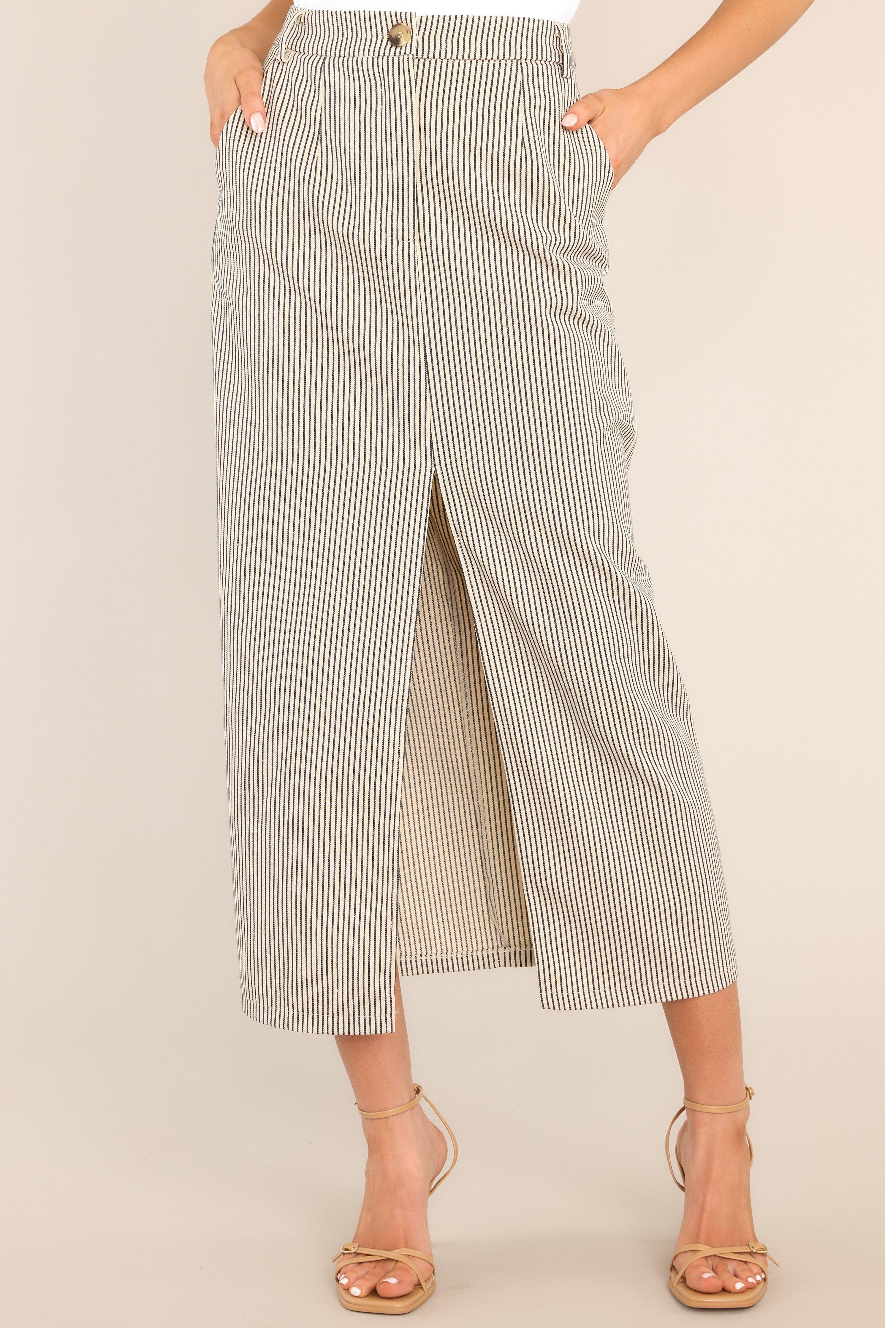 Change It Up Natural & Navy Stripe Maxi Skirt Beige Product Image