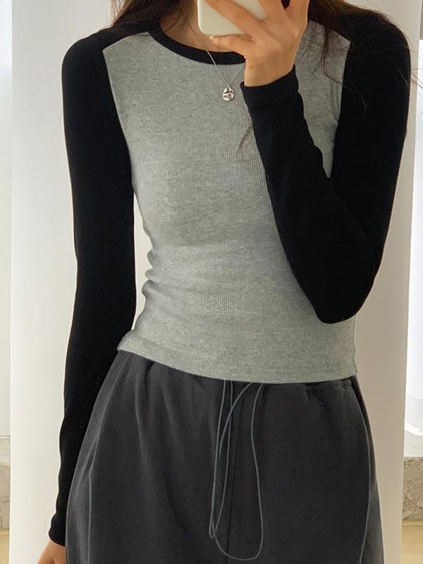 Contrast Color Raglan Slim Long Sleeve Knit Product Image