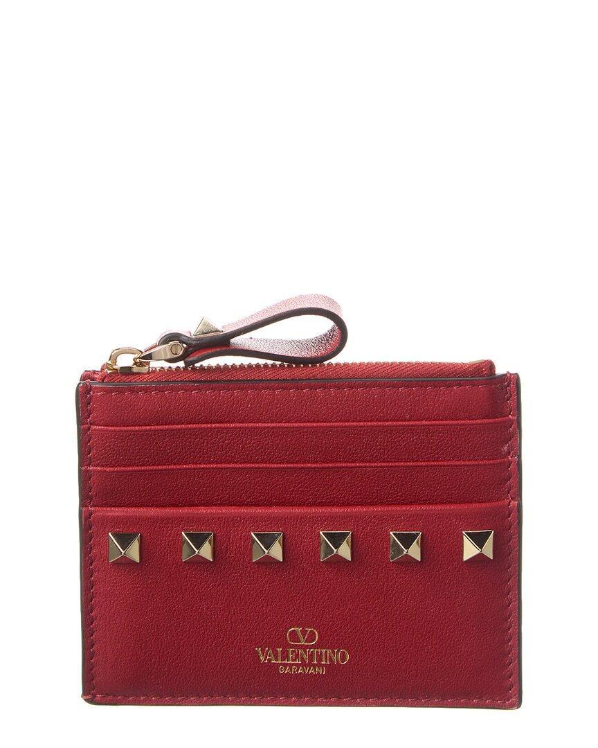 Valentino Rockstud Leather Card Holder In Red Product Image