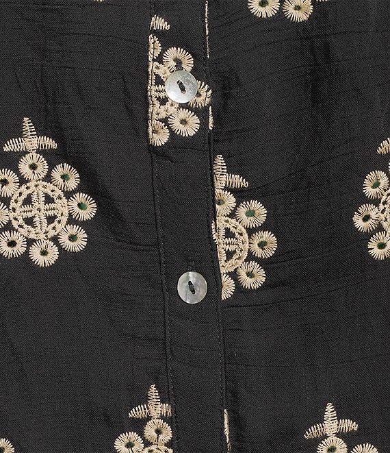 Calessa Petite Size Embroidered Medallion Split V-Neck Wrist Sleeve Button Front Tunic Product Image