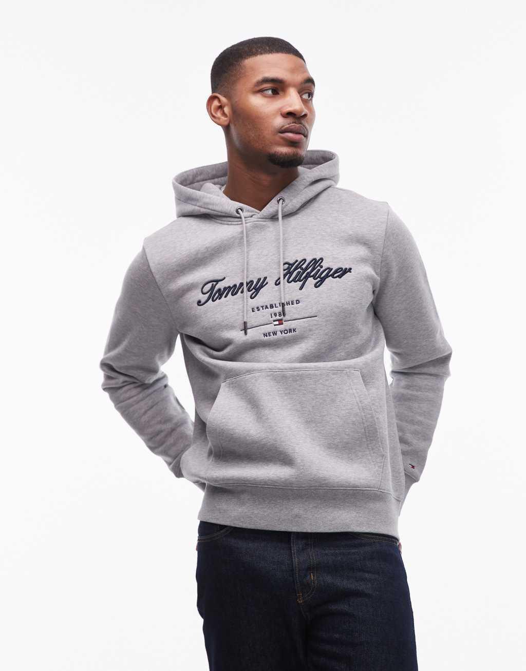 Tommy Hilfiger script logo hoodie in gray Product Image