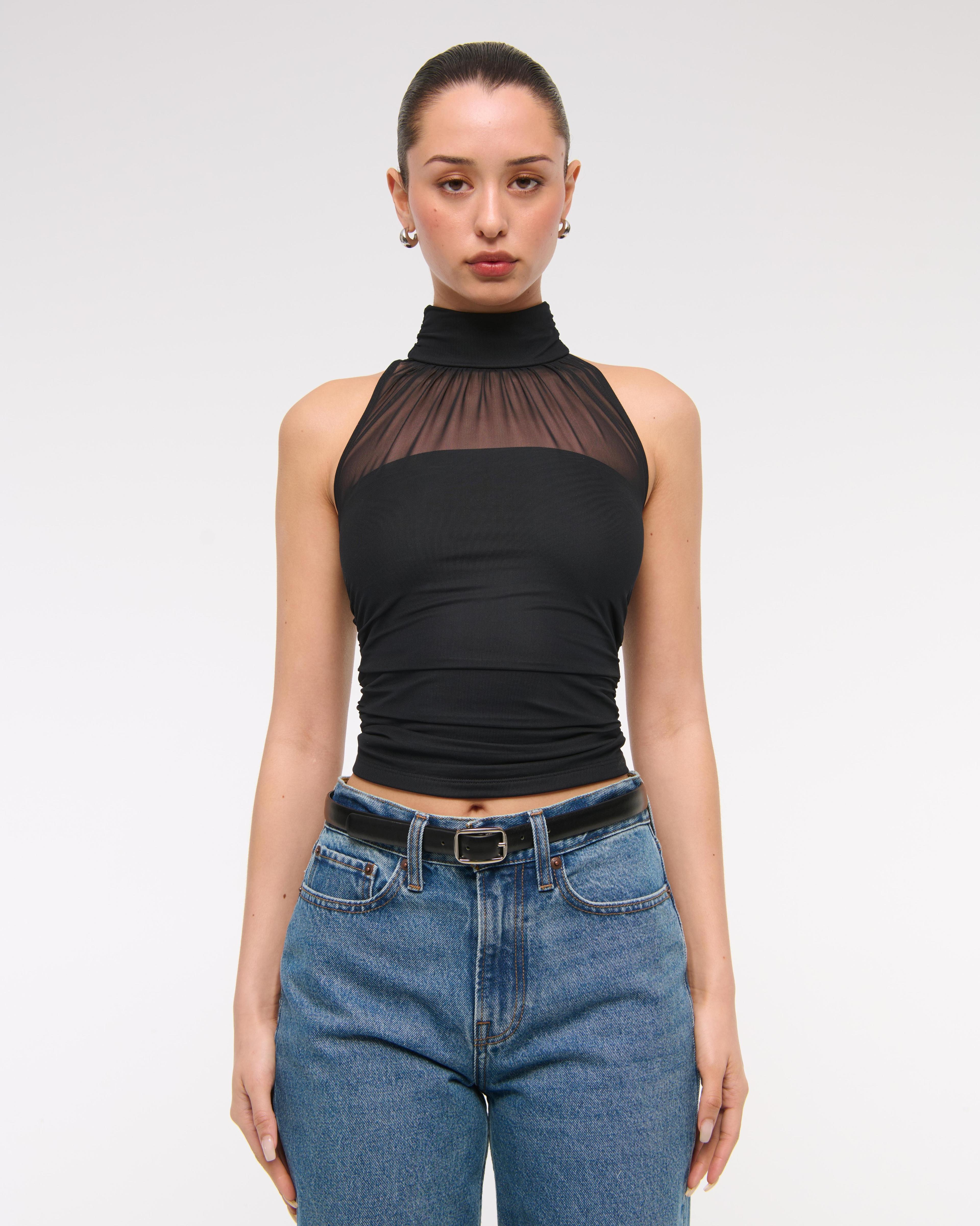 Ruched Mesh Halter Top Product Image