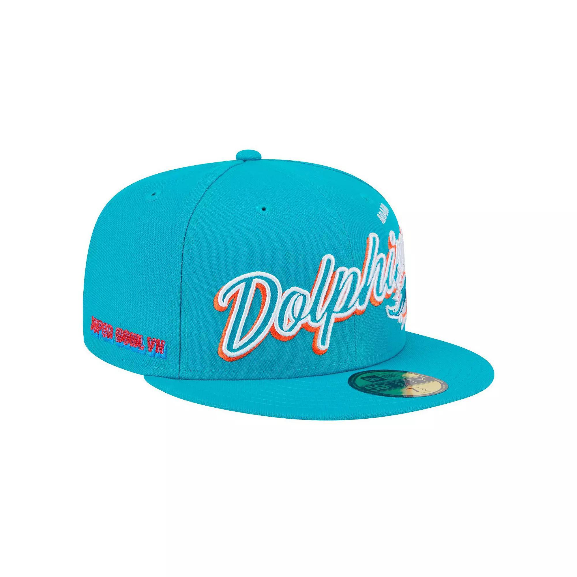 Men's New Era Aqua Miami Dolphins Script Sided 59FIFTY Fitted Hat,  Product Image