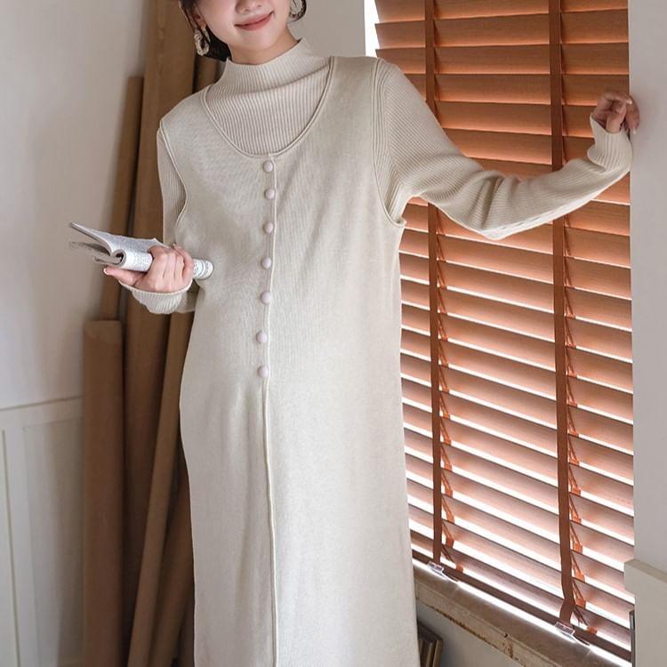 Maternity Set: Long-Sleeve Mock Neck Plain Ribbed Knit Top + Scoop Neck Button Front Midi Pinafore Dress Product Image