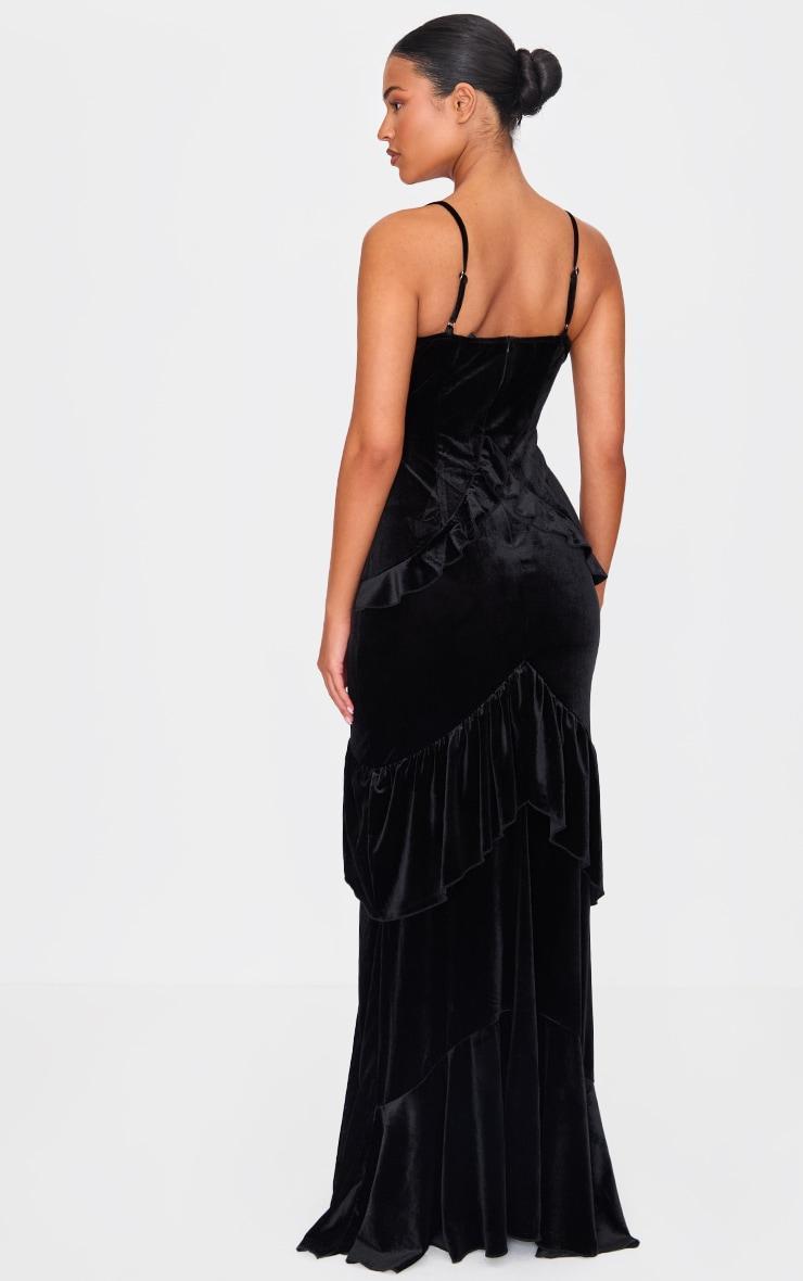 Tall Black Velvet Textured Frill Maxi Dress Product Image