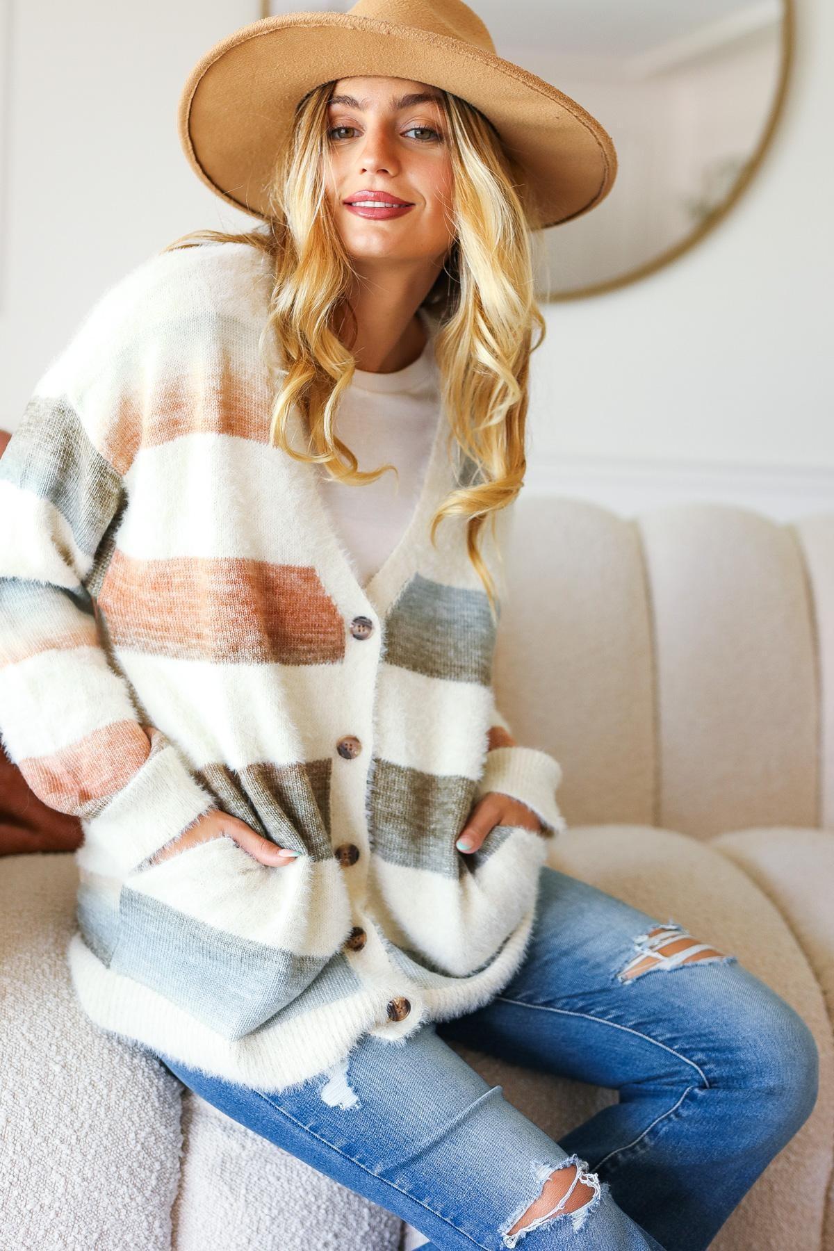 Button Down Stripe Soft Fuzzy Sweater Cardigan Product Image