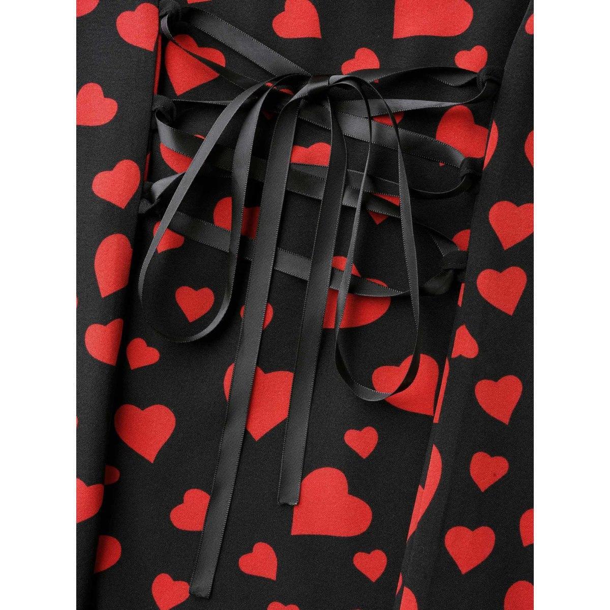 Plus Size Black Heart Print Patchwork Waist-Tie Blouse Women Romantic Extra Long Sleeve Square Neck Elegant Blouses BloomChic 14-16/1X Product Image