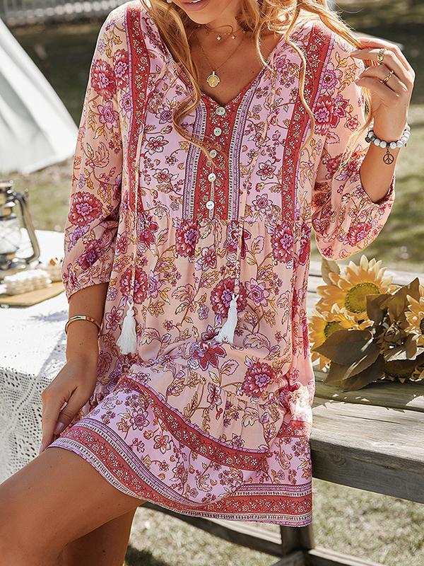 A-Line Loose Buttoned Contrast Color Flower Print Pleated V-Neck Mini Dresses Product Image