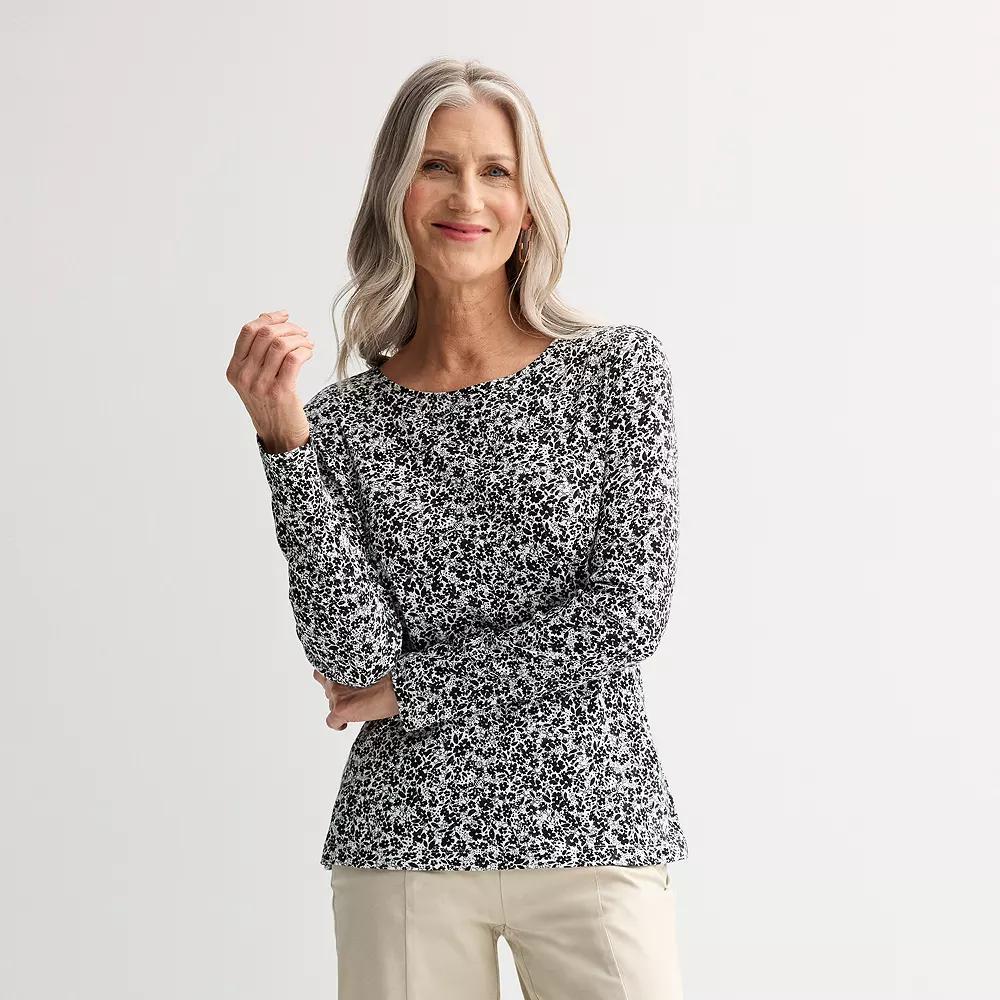 Women's Croft & Barrow® Essential Long-Sleeve Crewneck Tee, Size: XS, Black Ditsy Floral Product Image