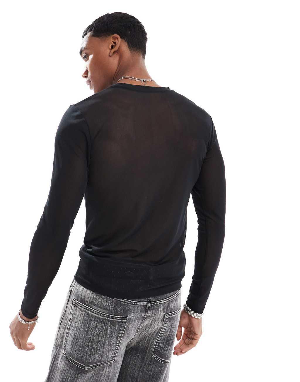 ASOS DESIGN muscle fit long sleeve t-shirt in black mesh Product Image