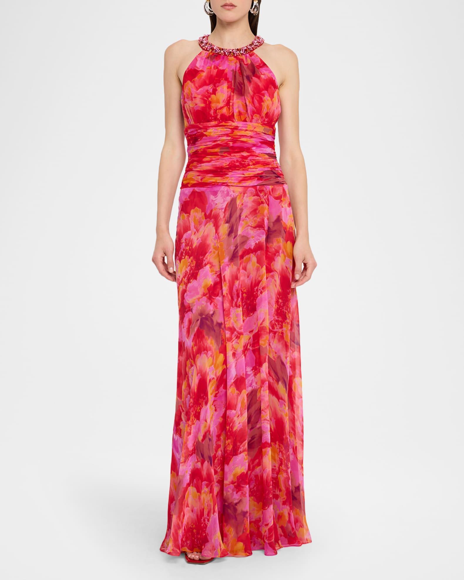 Beaded Floral-Print Chiffon Halter Gown Product Image