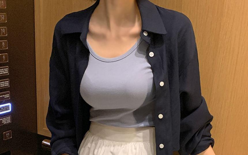 Long-Sleeve Button Back Plain Crop Shirt Product Image