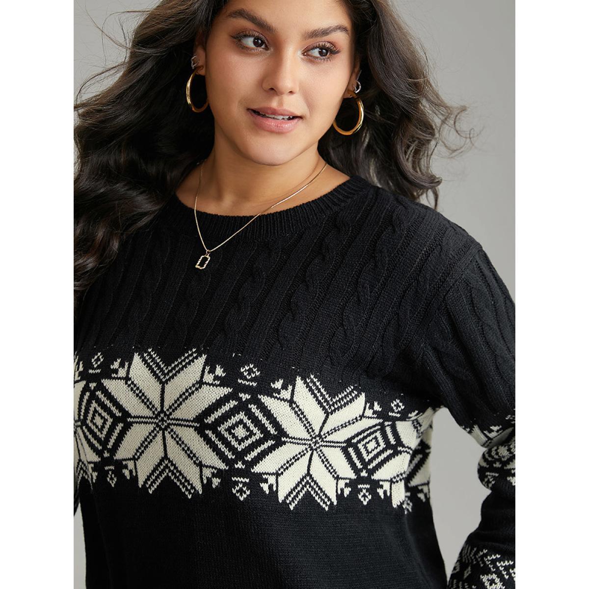 Plus Size Geometric Jacquard Cable Knit Pullover Black Women Casual Loose Long Sleeve Round Neck Dailywear Pullovers BloomChic 30/6X Product Image