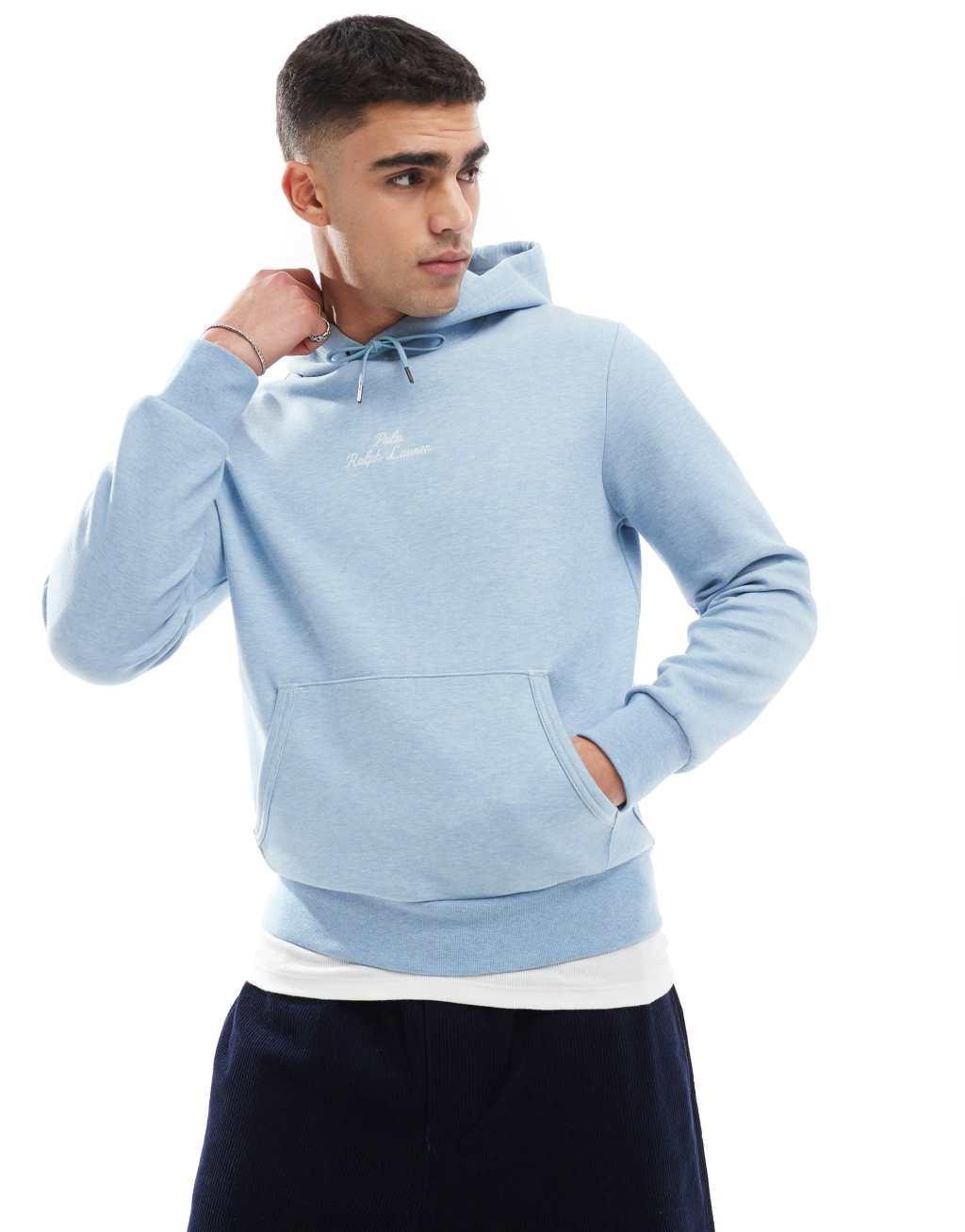 Polo Ralph Lauren central script logo double knit hoodie in light blue heather Product Image