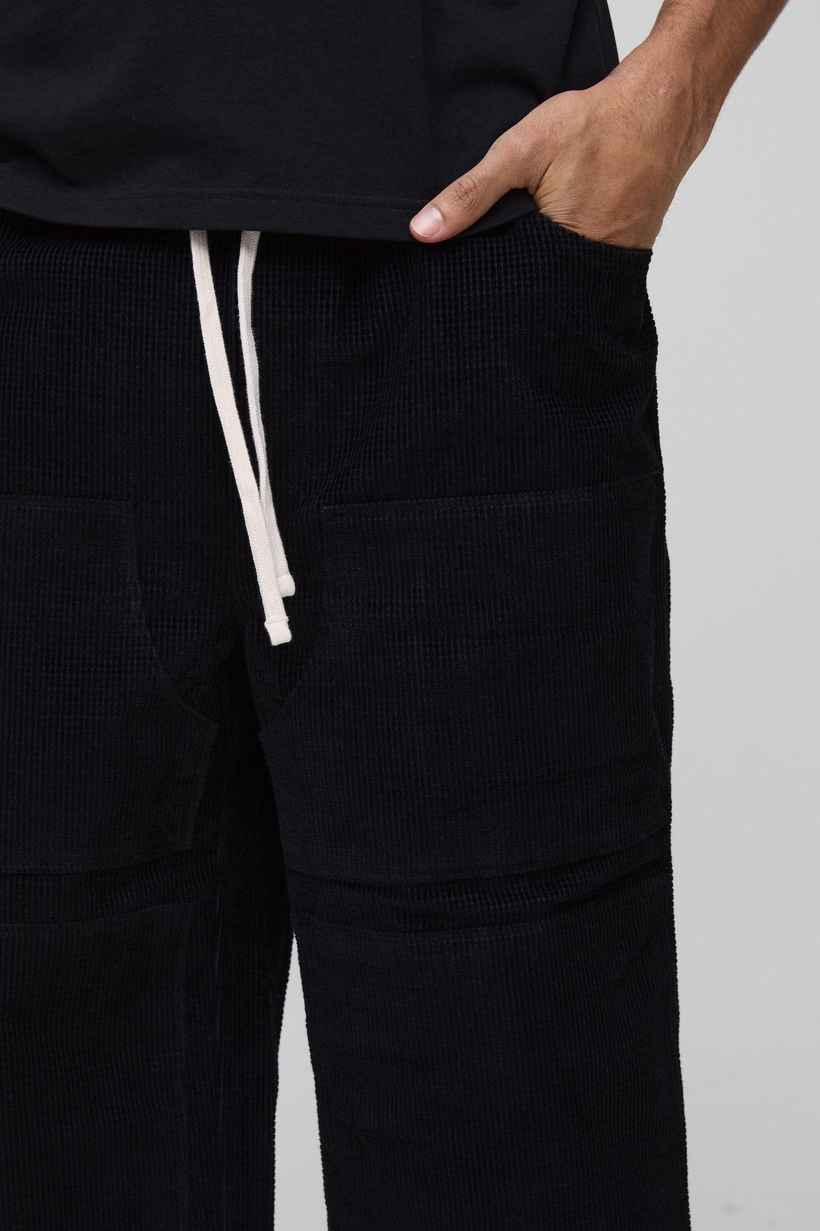 Elasticated Waist Relaxed Carpenter Waffle Corduroy Pants | boohooMAN USA Product Image